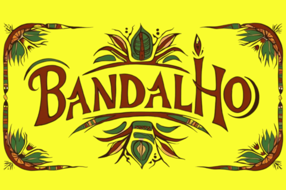 Arte gráfica com a palavra “Bandalho” centralizada em tipografia estilizada e orgânica, envolta por molduras curvas com motivos botânicos e étnicos sobre fundo amarelo intenso.