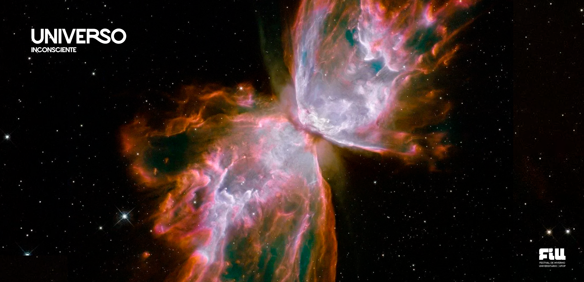 magem de topo do Festival de Inverno da Universidade Federal de Ouro Preto 2025, apresentando uma colorida nebulosa espacial em formato de borboleta com fundo preto estrelado. A composição celestial simboliza o tema do evento, com tons de rosa, roxo e azul que se mesclam em um efeito visual deslumbrante, representando a conexão entre arte, cultura e conhecimento promovida pelo festival.