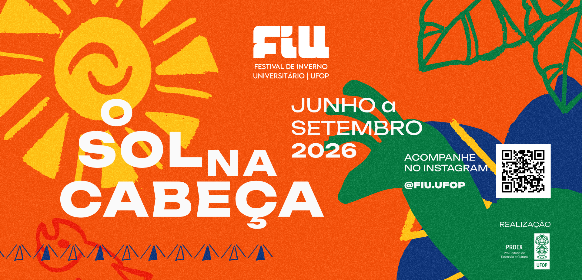 Arte de divulgação do Festival de Inverno Universitário UFOP 2026 com o tema "O Sol na Cabeça". A imagem apresenta uma composição inspirada na paisagem e na cultura mineira, com um grande sol ao fundo, o perfil de uma pessoa voltado para a luz e elementos da arquitetura histórica de Ouro Preto, em tons quentes que remetem à obra de Lô Borges e às reflexões sobre a crise climática.